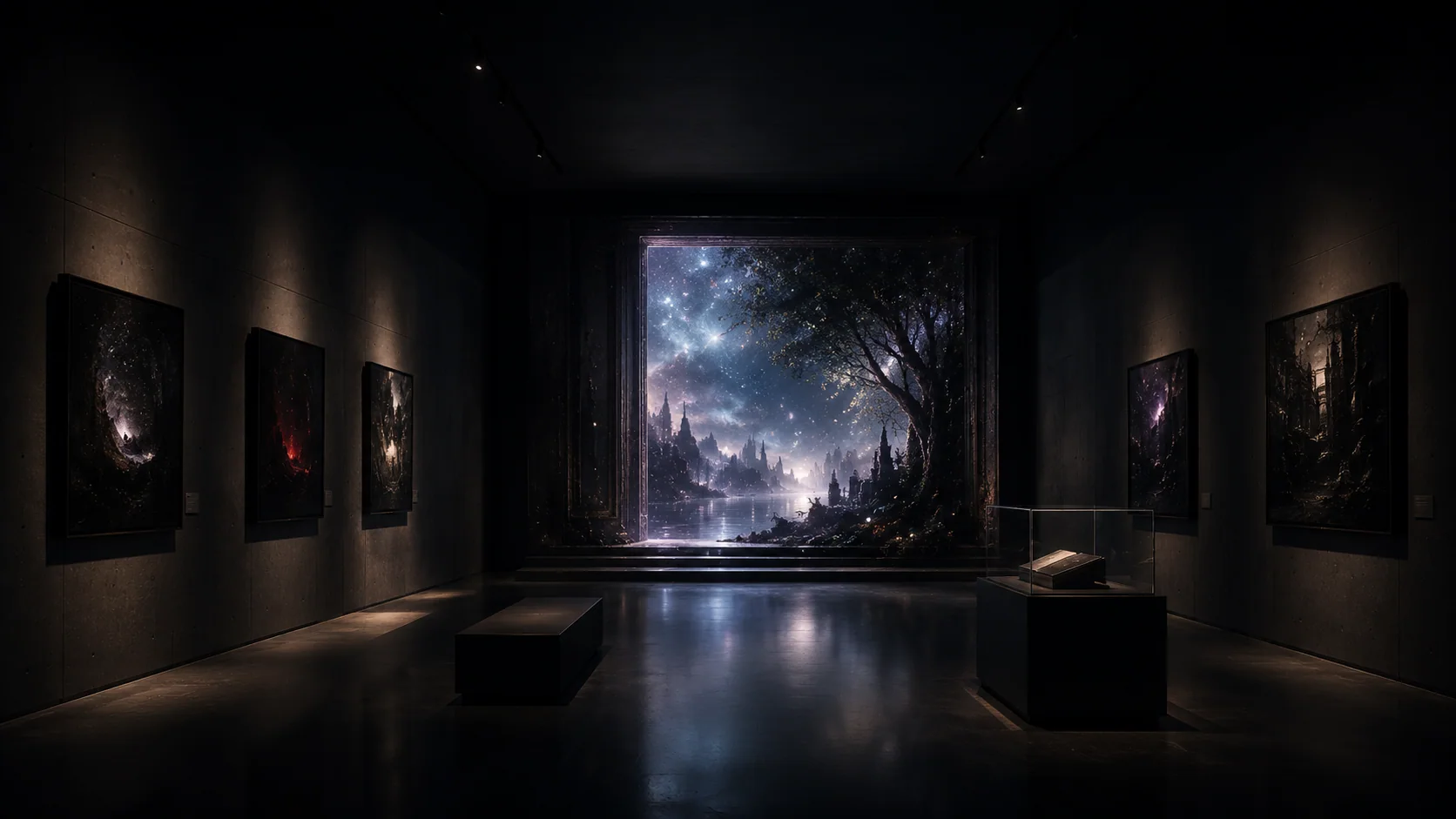 幻想の風景を展示する、夜のLiminalisギャラリー