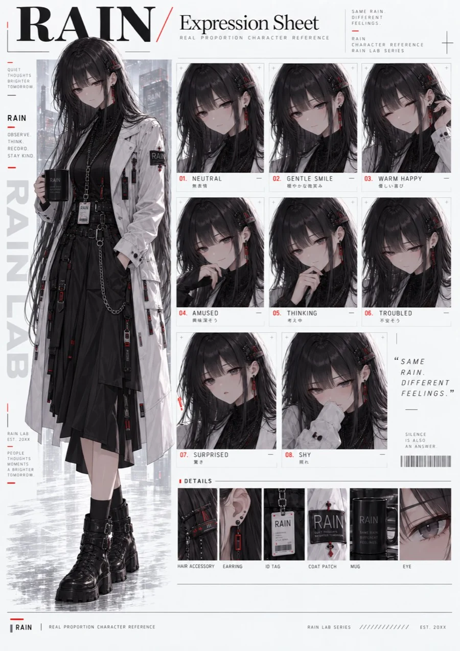 RAINの等身・表情・衣装の基準シート