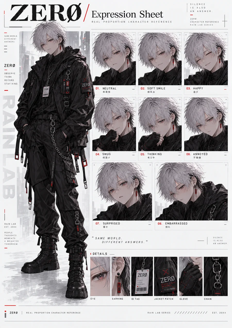 ZERØのキャラクターと表情のデザインシート